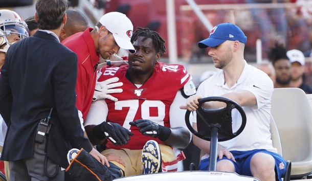 Aug 10, 2019; Santa Clara, CA, USA; San Francisco 49ers offensive tackle Shon Coleman (78) is carted off the field during the first quarter against the Dallas Cowboys at Levi’s Stadium. Photo Credit: Kelley L Cox-USA TODAY Sports