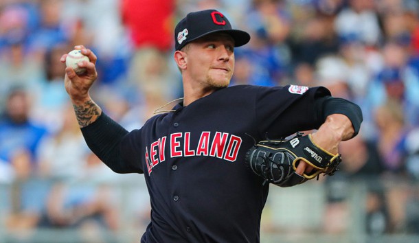 Jul 26, 2019; Kansas City, MO, USA; Cleveland Indians starting pitcher Zach Plesac (65) pitches against the Kansas City Royals during the first inning at Kauffman Stadium. Photo Credit: Jay Biggerstaff-USA TODAY Sports