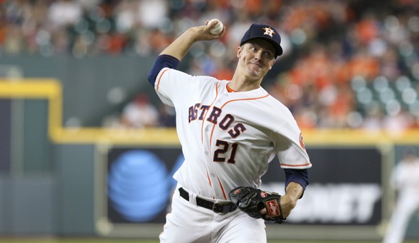 Aug 6, 2019; Houston, TX, USA; Houston Astros starting pitcher Zack Greinke (21) delivers a pitch against the Colorado Rockies during the first inning at Minute Maid Park. Photo Credit: John Glaser-USA TODAY Sports